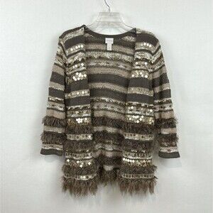 Chico's Brown and Cream Striped Open-Front Cardigan
